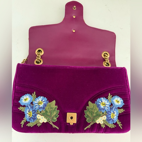 GUCCI GG Velvet Matelasse Loved Embroidered Medium Bag ~ Fuchsia Violet Cyclamen - Picture 9 of 16